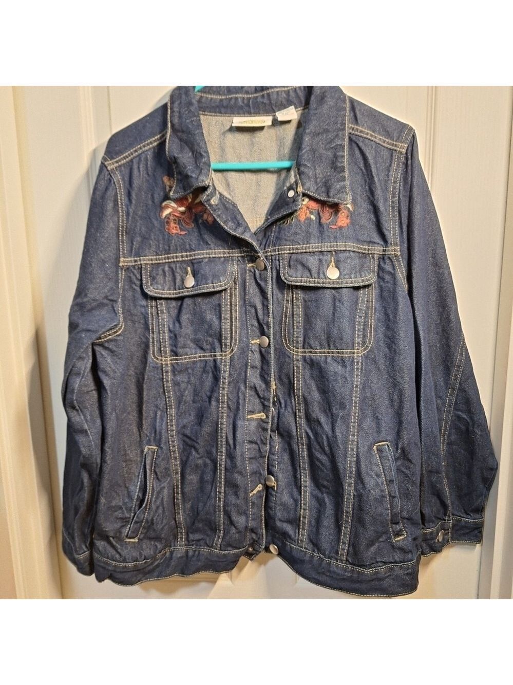 Denim Jean Jacket Extra Large Fall Flowers Embroidery